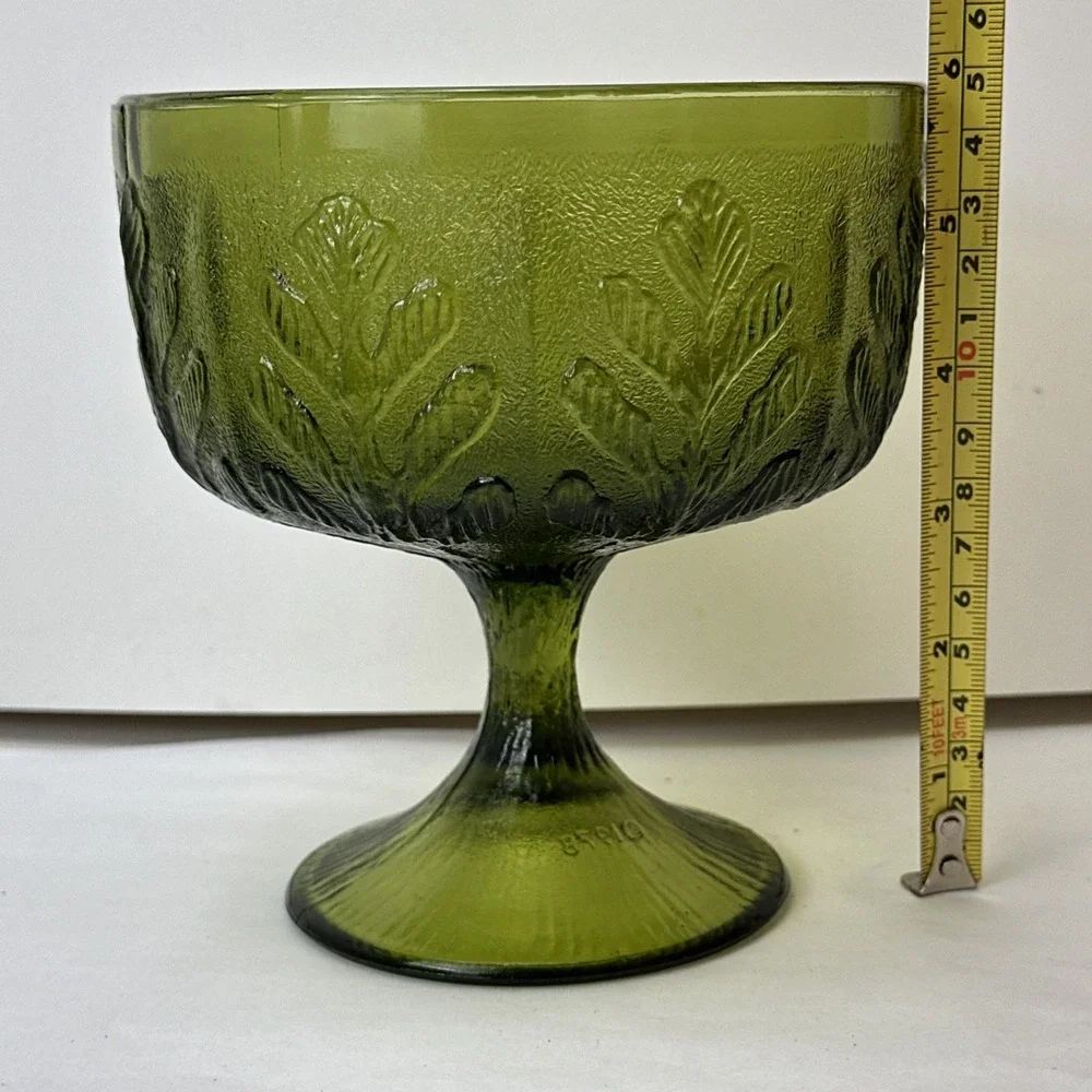 Vintage FTD  1978 Green Glass Goblet Leaf Bowl Vase with Stem Pedestal Decor